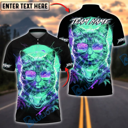 BlueJose Darts Neon Cat Cyberpunk Design Multicolor Options Personalized Name Shirt (4 Colors)