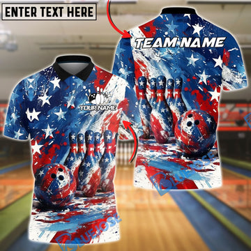 BlueJose Bowling Patriotic American Flag Splatter Art Personalized Name, Team Name 3D Shirt