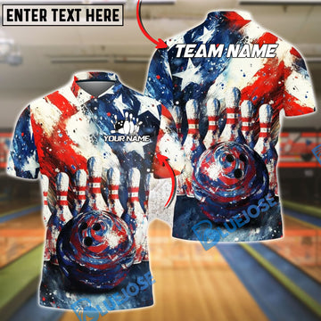 BlueJose Bowling USA Flag Bowling Pins and Ball Personalized Name, Team Name 3D Shirt