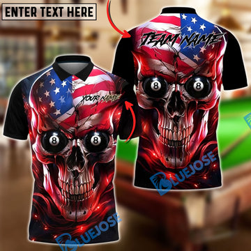 BlueJose Billiards Ball 8 USA Skull Flame Customized Name, Team Name 3D Shirt