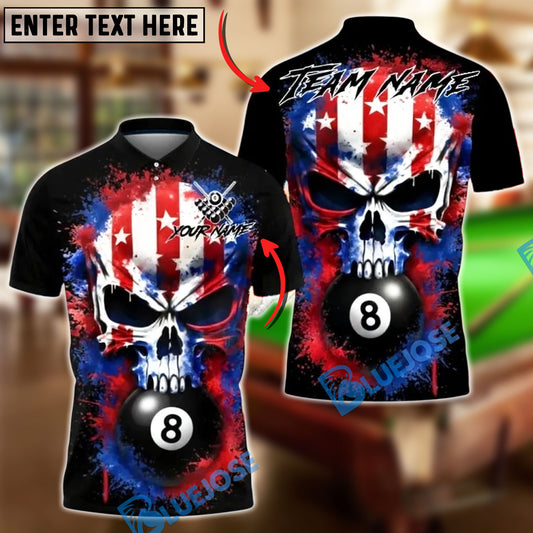 BlueJose Billiards Ball 8 American Skull Flag Splash Customized Name, Team Name 3D Shirt