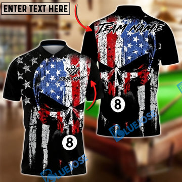 BlueJose Billiards Ball 8 American Flag Punisher Skull Grunge Style Customized Name, Team Name 3D Shirt