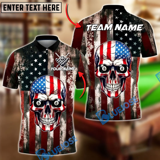 BlueJose Billiards Ball 8 Vintage American Skull Rustic Flag Customized Name, Team Name 3D Shirt