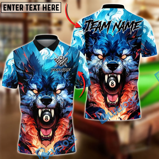 BlueJose Billiards 8 Ball Wolf Double Flame Personalized Name, Team Name Unisex Shirt (4 Colors)