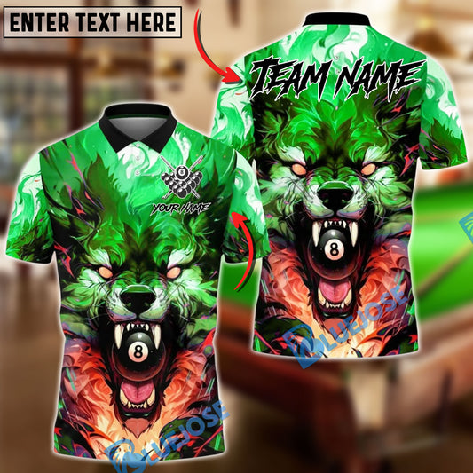 BlueJose Billiards 8 Ball Wolf Double Flame Personalized Name, Team Name Unisex Shirt (4 Colors)