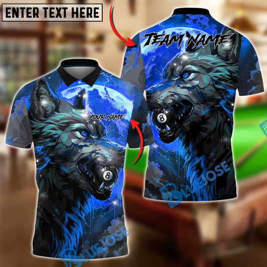 BlueJose Billiards 8 Ball Wolf Flame Fire Theme Personalized Name, Team Name Unisex Shirt (4 Colors)