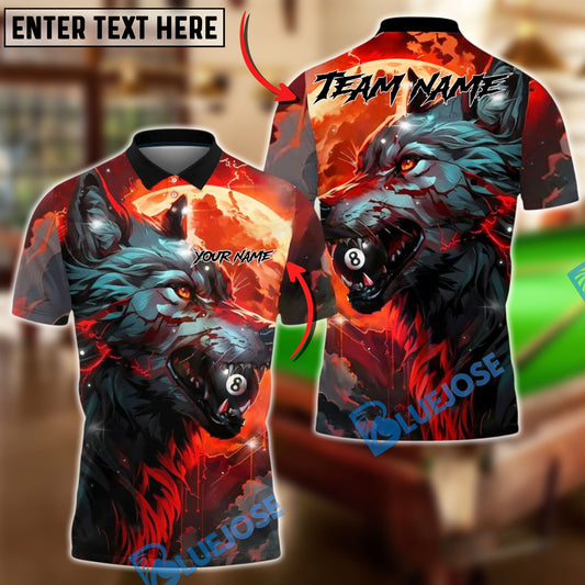 BlueJose Billiards 8 Ball Wolf Flame Fire Theme Personalized Name, Team Name Unisex Shirt (4 Colors)