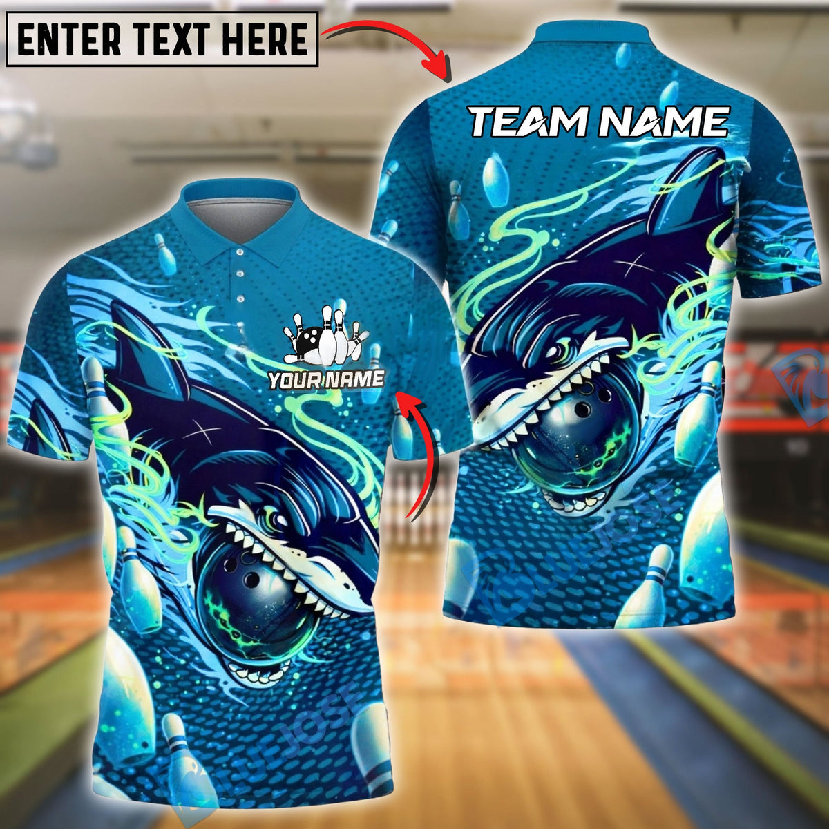 BlueJose Bowling &amp; Pins Shark Striking Ball Neon Ocean Style Customized Name, Team Name 3D Shirt (4 Colors)