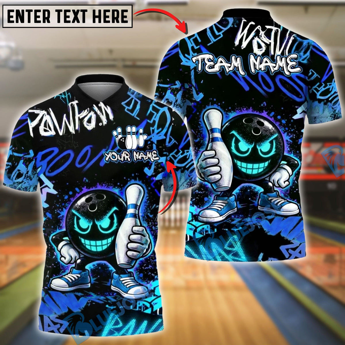 BlueJose Bowling & Pins Neon Graffiti Smiley Bowling Ball Graphic  Customized Name, Team Name 3D Shirt (4 Colors)