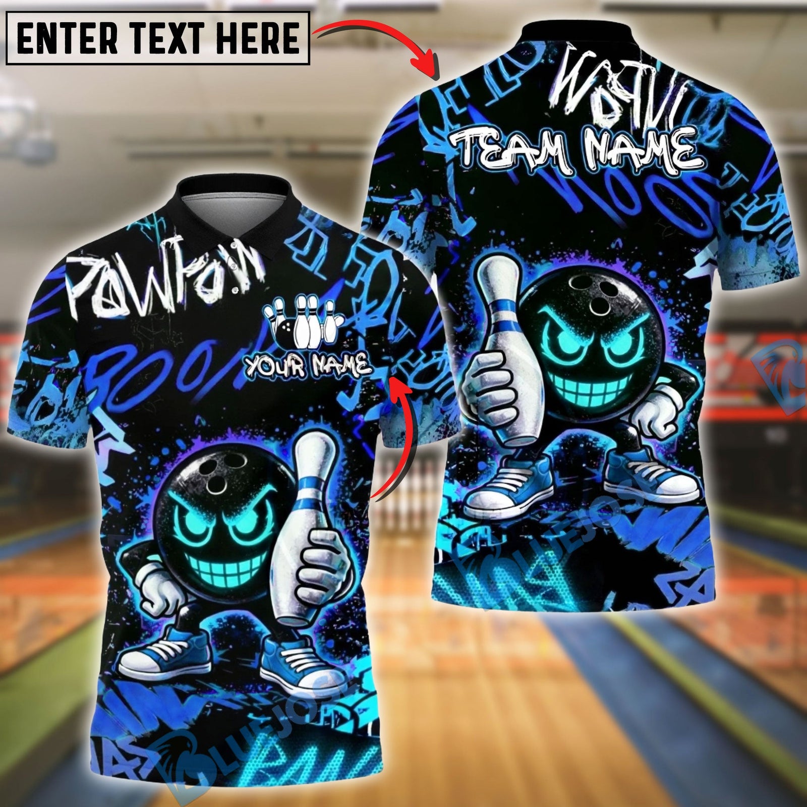 BlueJose Bowling & Pins Neon Graffiti Smiley Bowling Ball Graphic  Customized Name, Team Name 3D Shirt (4 Colors)
