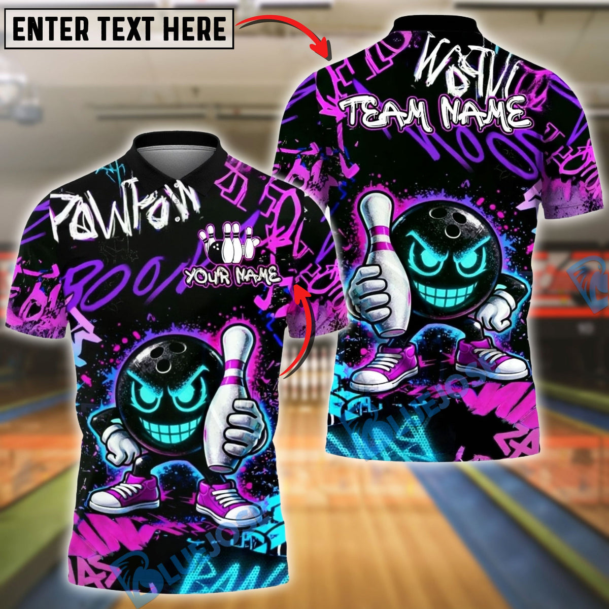 BlueJose Bowling &amp; Pins Neon Graffiti Smiley Bowling Ball Graphic  Customized Name, Team Name 3D Shirt (4 Colors)
