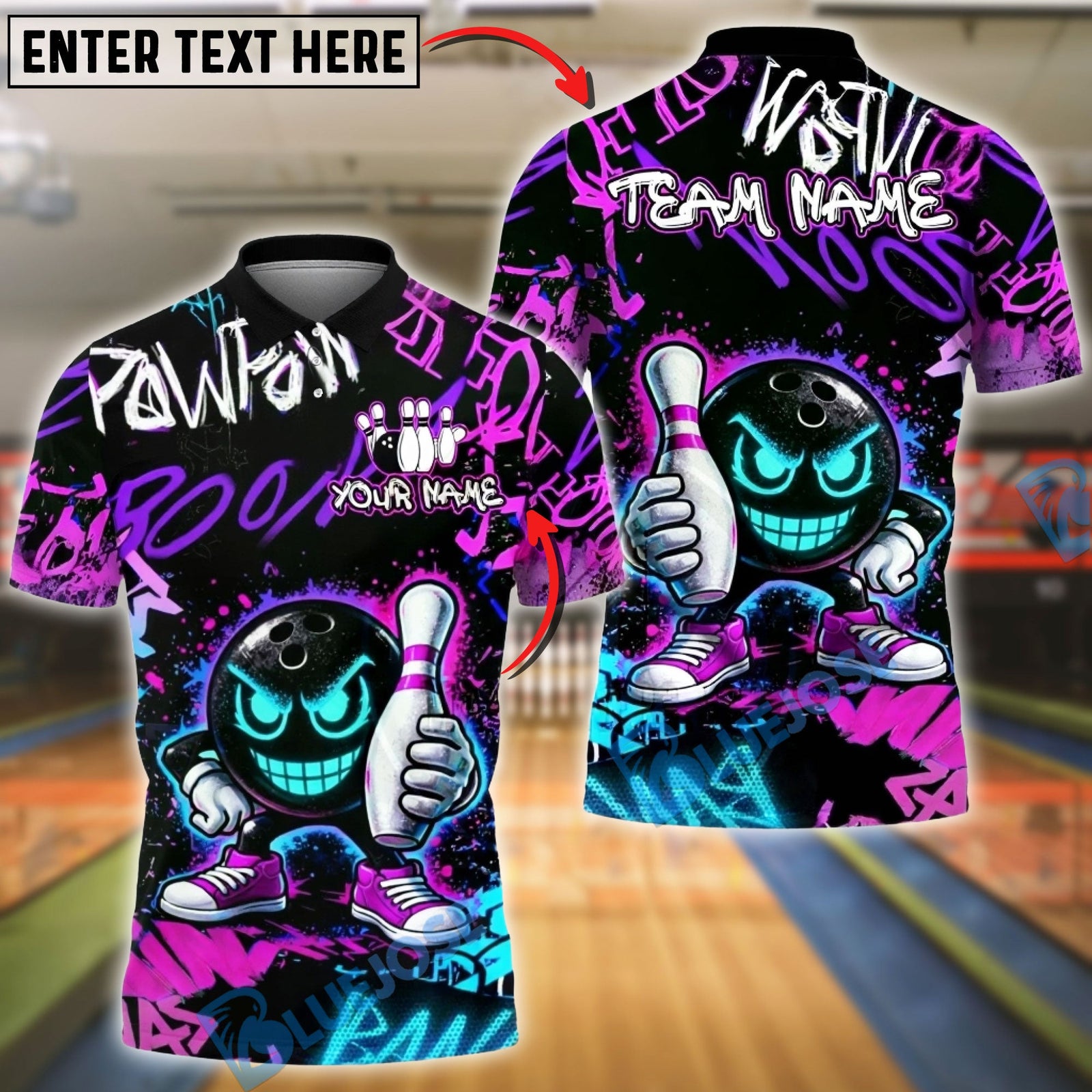 BlueJose Bowling & Pins Neon Graffiti Smiley Bowling Ball Graphic  Customized Name, Team Name 3D Shirt (4 Colors)