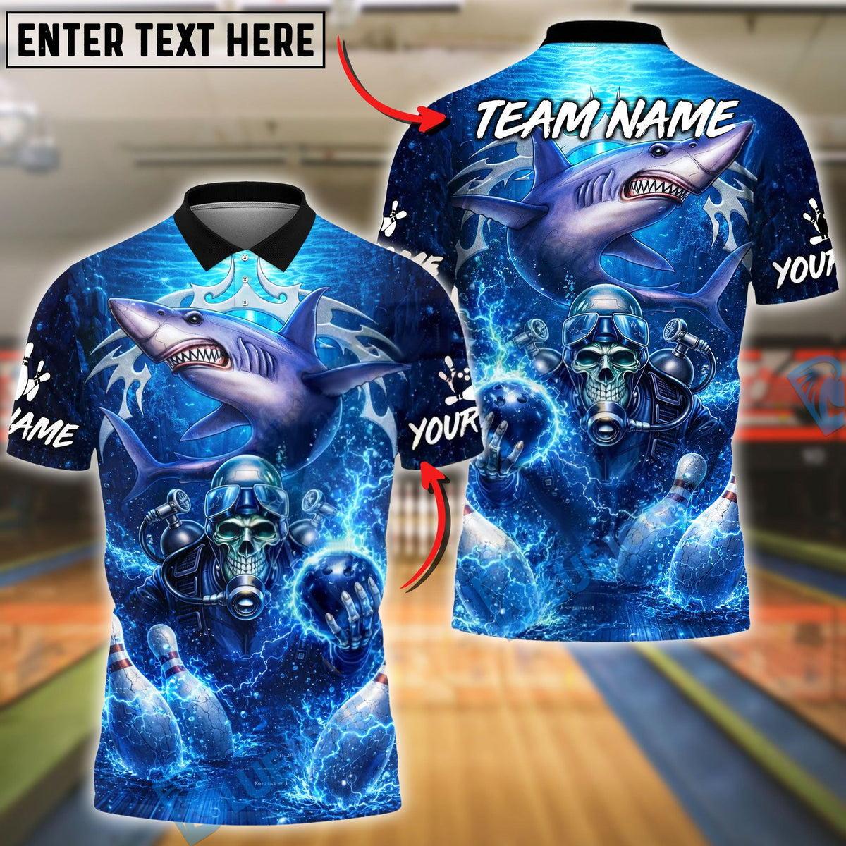 BlueJose Bowling &amp; Pins Shark &amp; Scuba Skull Electric Ocean Graphic Customized Name, Team Name 3D Shirt (6 Colors)