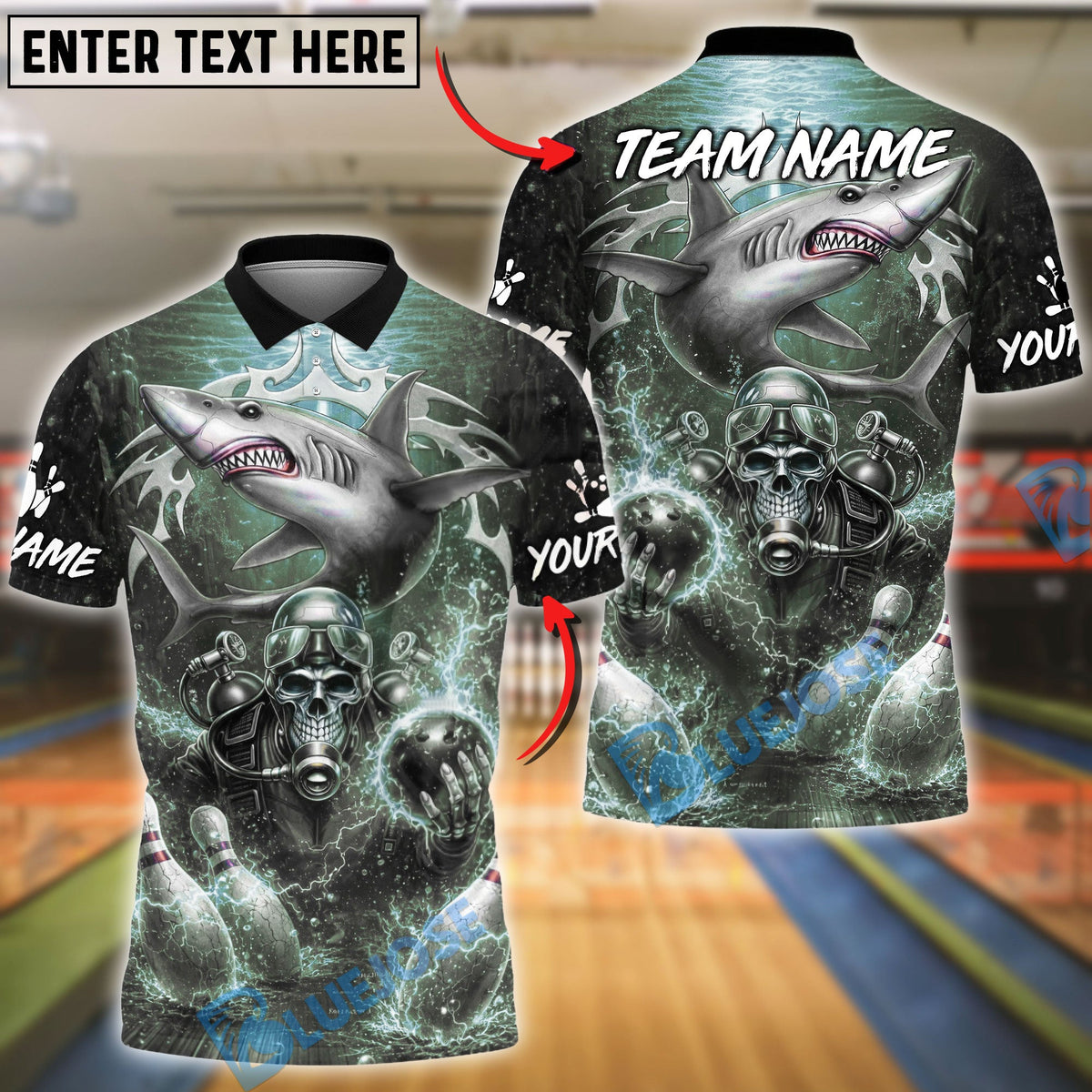 BlueJose Bowling & Pins Shark & Scuba Skull Electric Ocean Graphic Customized Name, Team Name 3D Shirt (6 Colors)