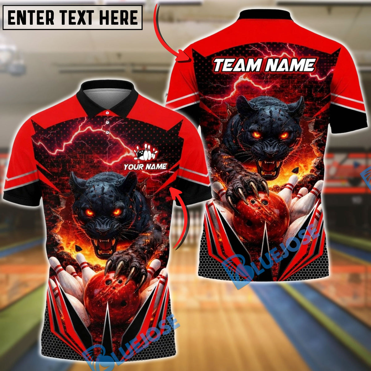 BlueJose Bowling &amp; Pins Black Panther Power Smash Customized Name, Team Name 3D Shirt (4 Colors)