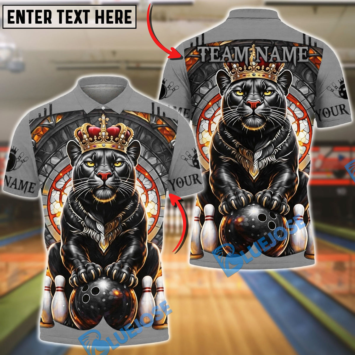 BlueJose Bowling &amp; Pins Royal Panther Crown Customized Name, Team Name 3D Shirt (6 Colors)