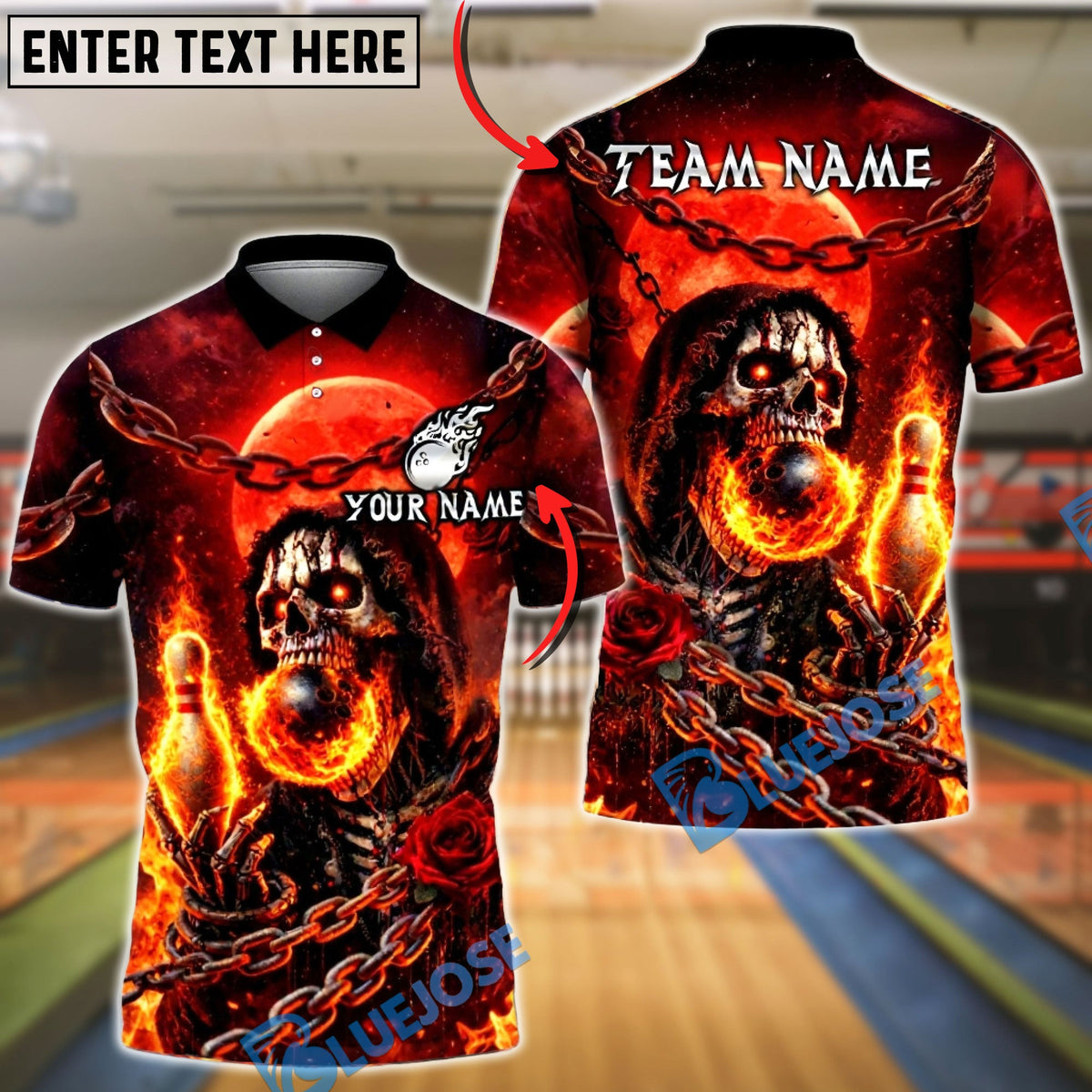 BlueJose Bowling &amp; Pins Flaming Skull Moon Rose Chain Customized Name, Team Name 3D Shirt (4 Colors)