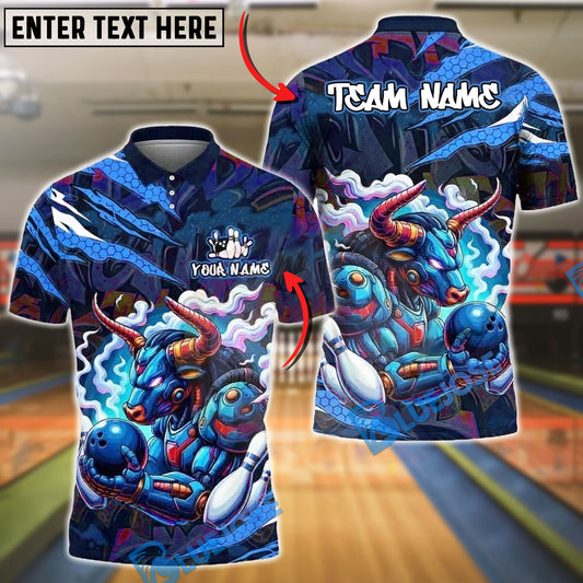 BlueJose Bowling And Pins Cyber Bull Neon Graffiti Customized Name, Team Name 3D Shirt (4 Colors)