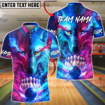 BlueJose Bowling & Pins Neon Wolf Cosmic Galaxy Bowling Art Customized Name, Team Name 3D Shirt (4 Colors)