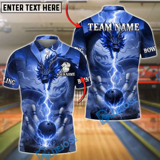 BlueJose Bowling And Pins Dragon Lightning Storm Customized Name, Team Name 3D Shirt (4 Colors)