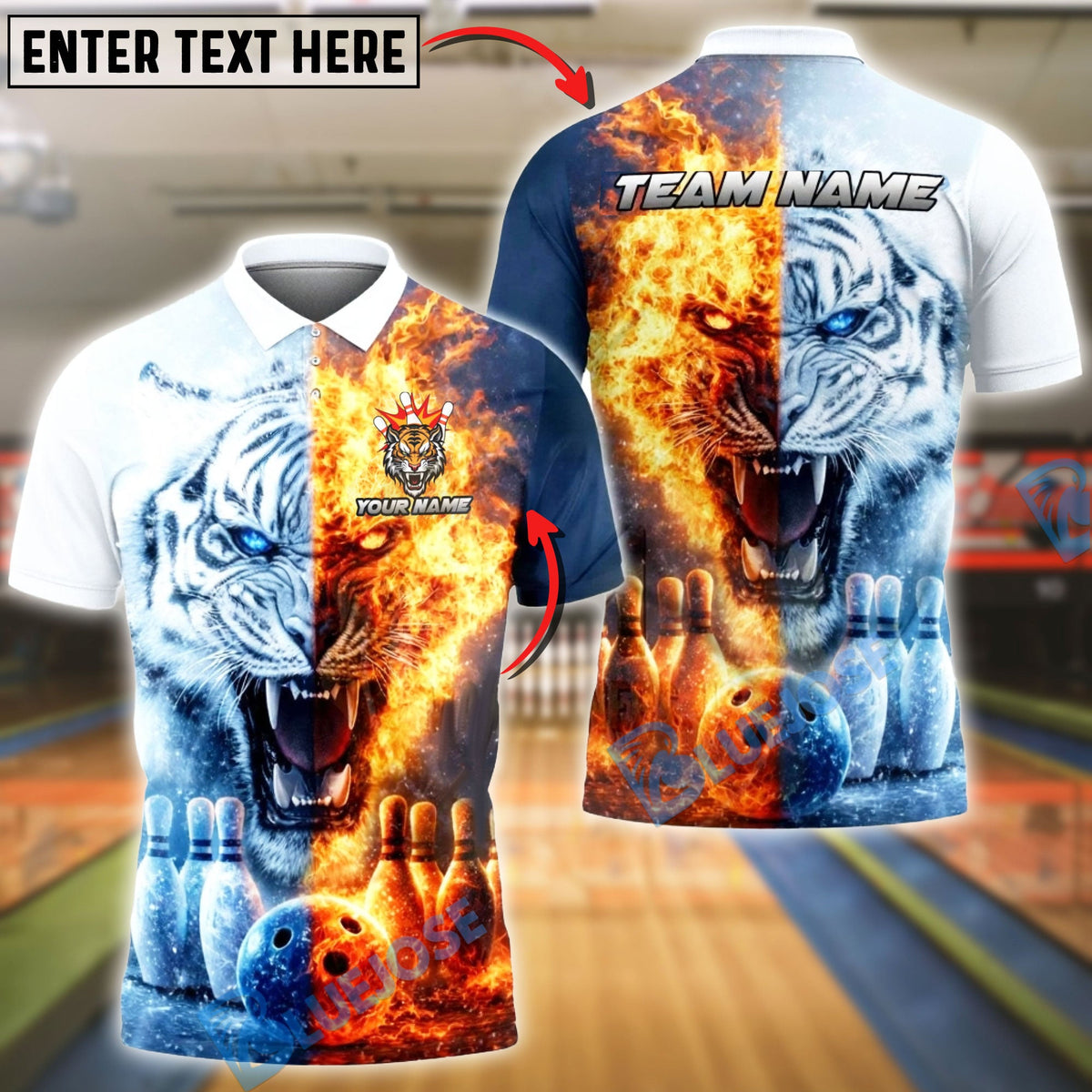 BlueJose Bowling Fire and Ice Tiger Personalized Name, Team Name 3D Shirt