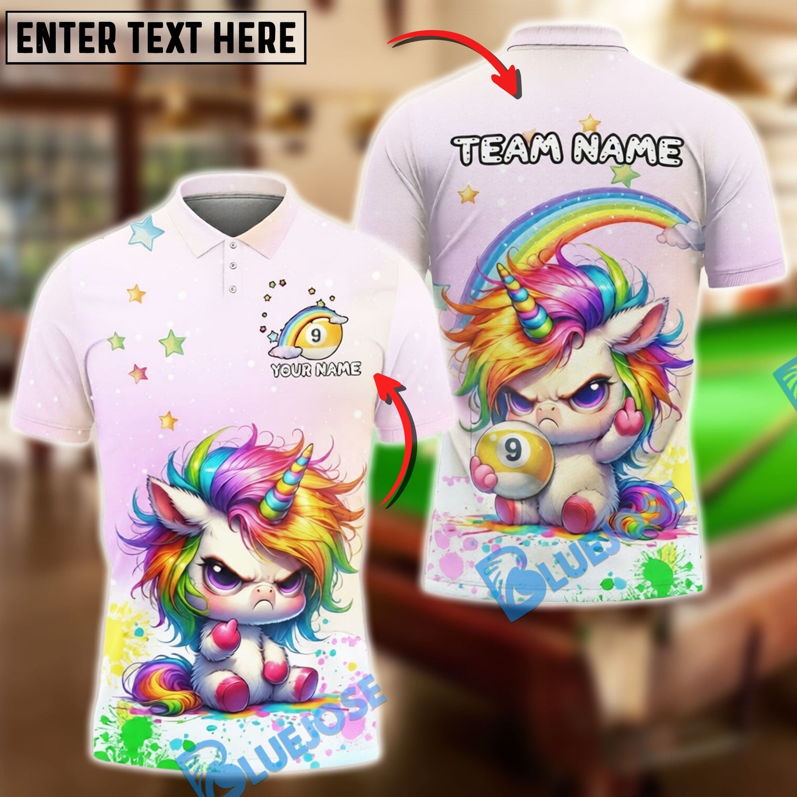 BlueJose Billiards Cute Angry Unicorn Rainbow 9 Ball Personalized Shirt