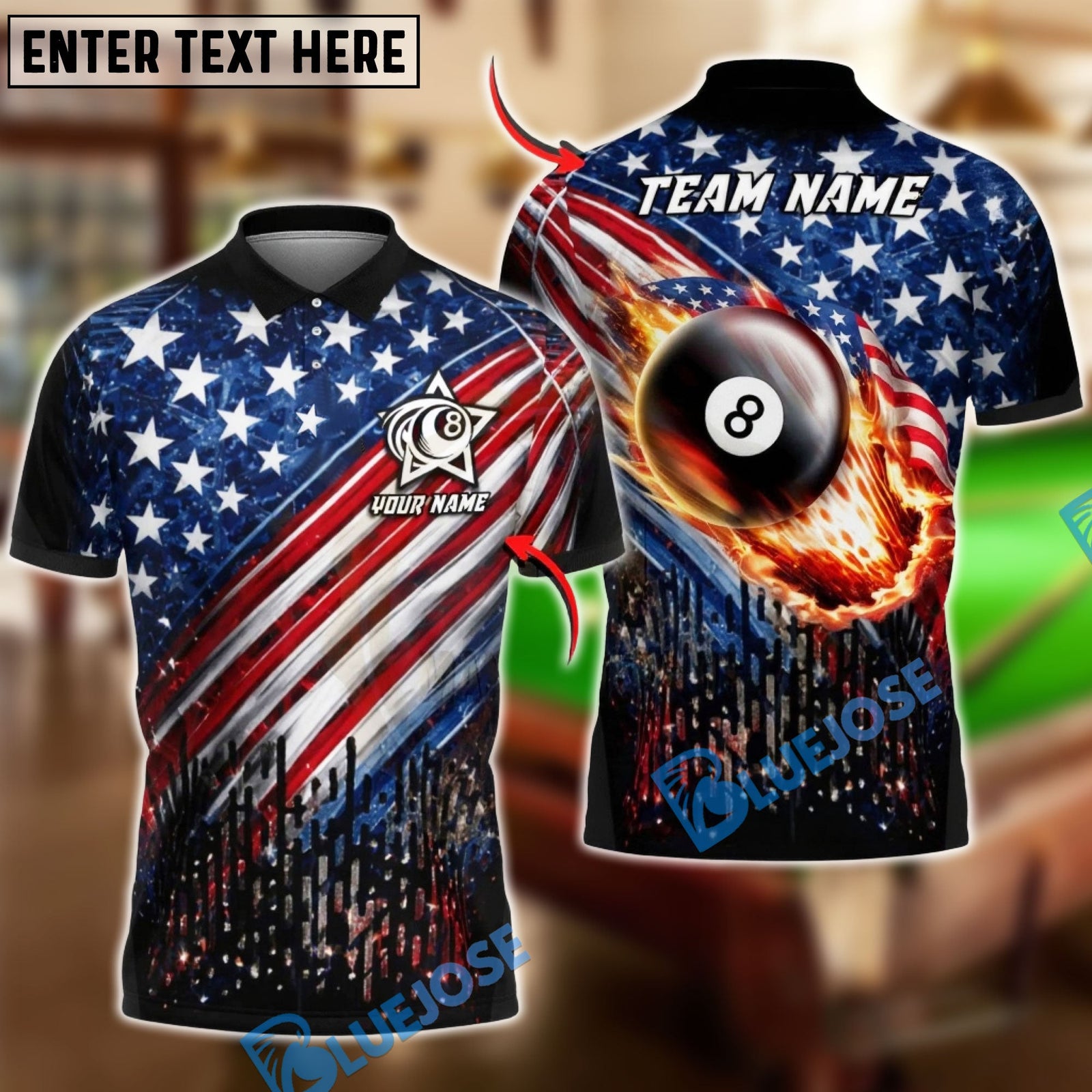 BlueJose Billiards USA Flag Flaming 8 Ball Patriotic Pool Player Design Personalized Shirt