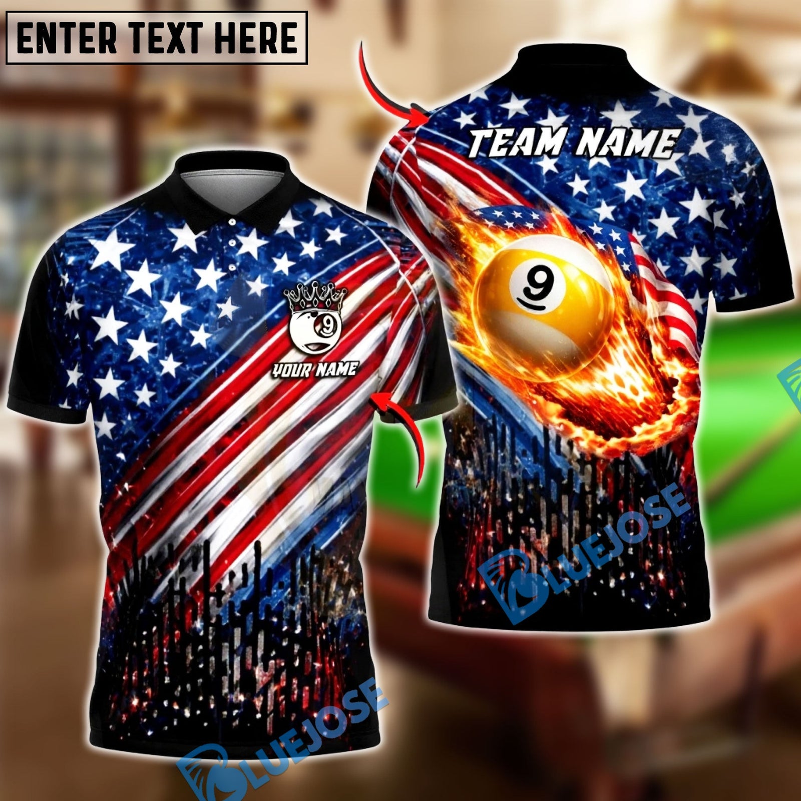 BlueJose Billiards USA Flag Flaming 9 Ball Crown King Pool Design Personalized Shirt