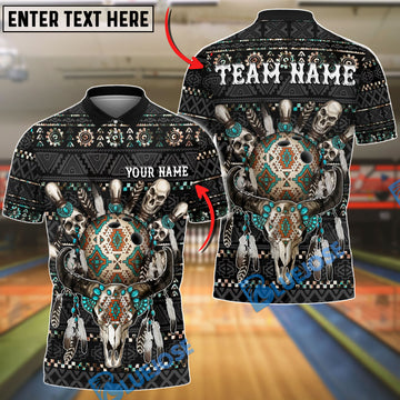BlueJose Bowling Native Western Skull Ball Pins Design Customized Name, Team Name 3D Shirt