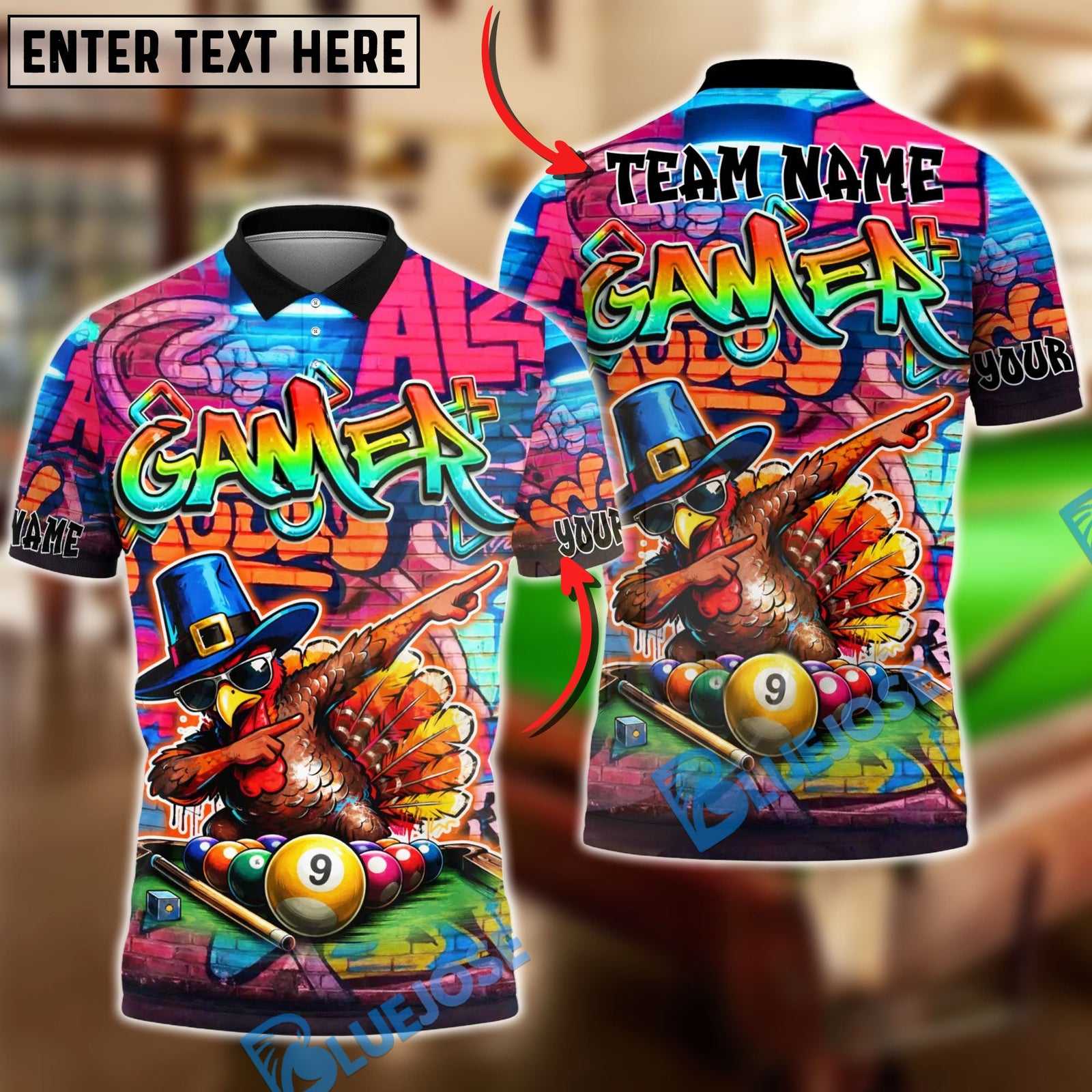 BlueJose Billiards Dabbing Turkey Graffiti Gamer Style Pool Table 9 Ball Personalized Shirt