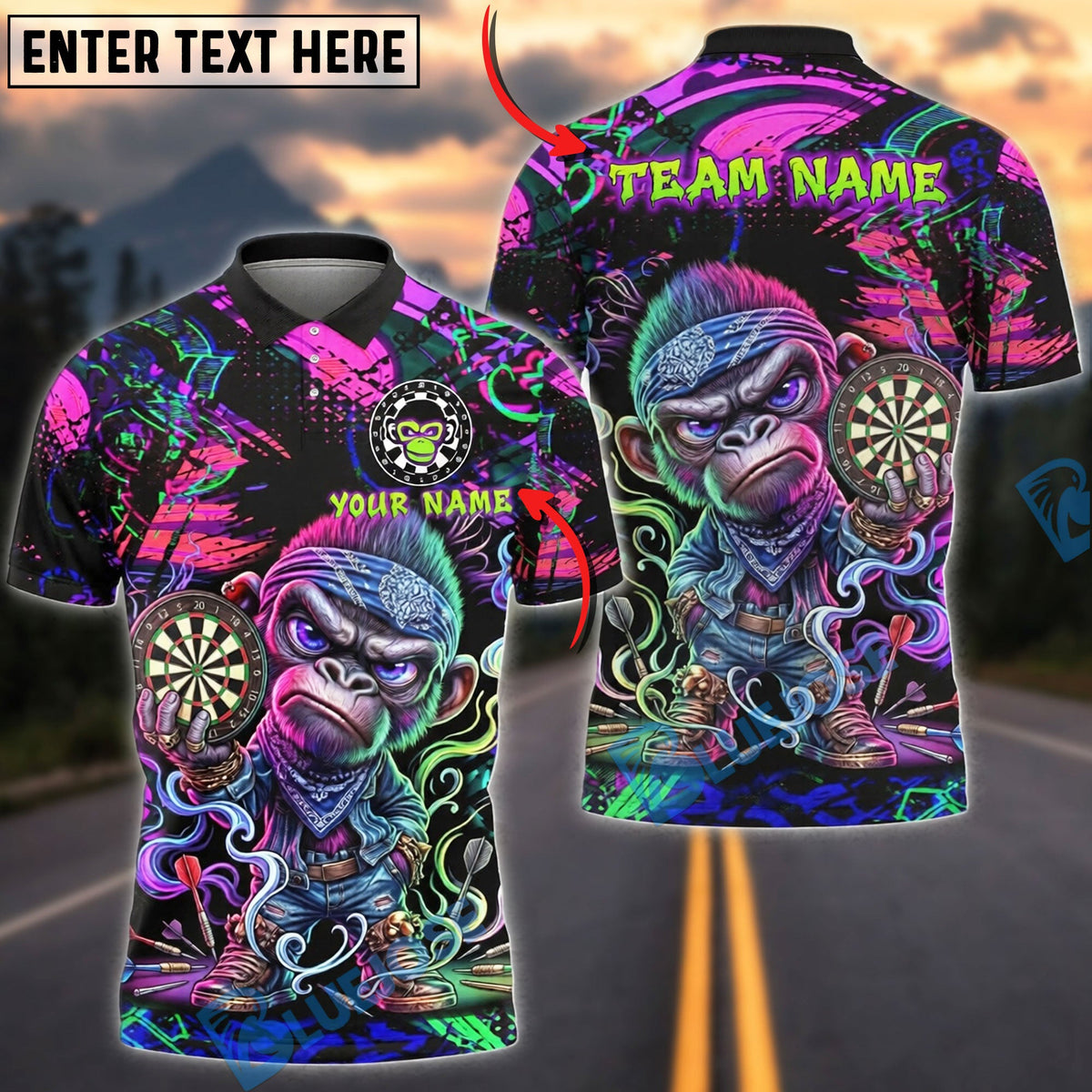 BlueJose Darts Angry Monkey Neon Graffiti Personalized Name Shirt