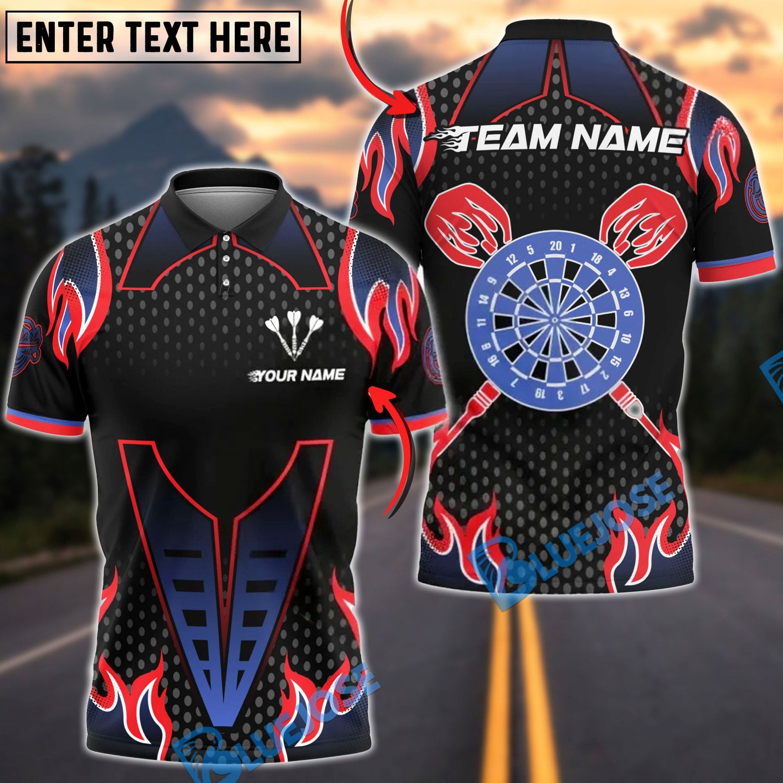 BlueJose Darts Flame Dartboard Classic Pattern Multicolor Options Personalized Name Shirt (4 Colors)