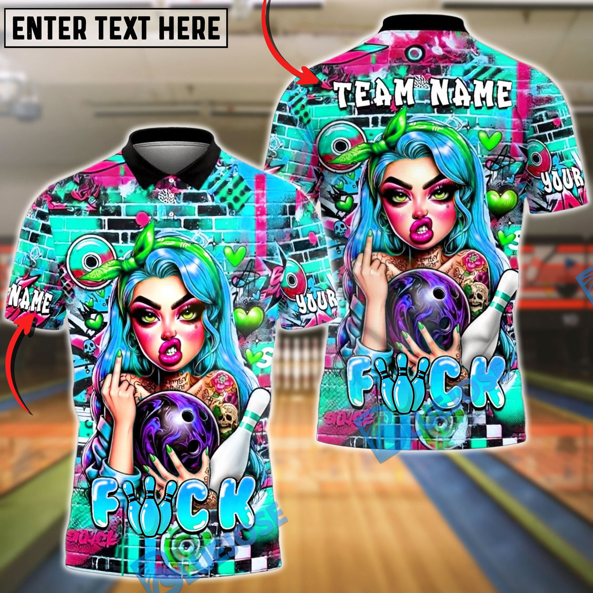 BlueJose Bowling & Pins Punk Girl Graffiti Wall Bowling Ball Tattoo Style Customized Name, Team Name 3D Shirt (6 Colors)