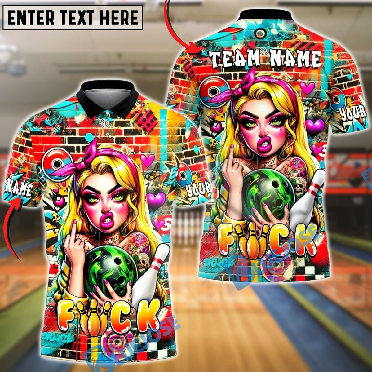 BlueJose Bowling &amp; Pins Punk Girl Graffiti Wall Bowling Ball Tattoo Style Customized Name, Team Name 3D Shirt (6 Colors)