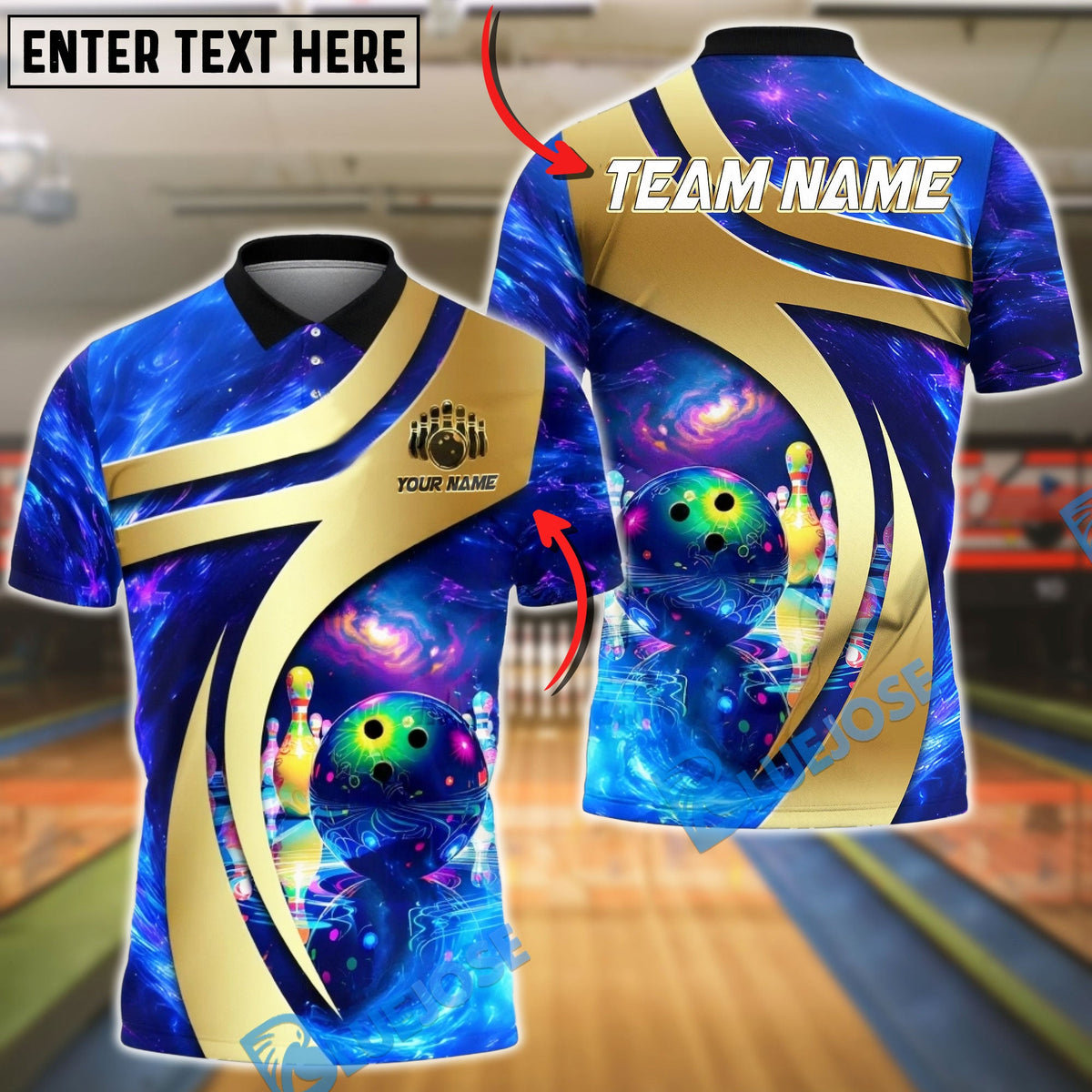 BlueJose Bowling &amp; Pins Cosmic Galaxy Bowling Ball Neon Graphic Customized Name, Team Name 3D Shirt (4 Colors)