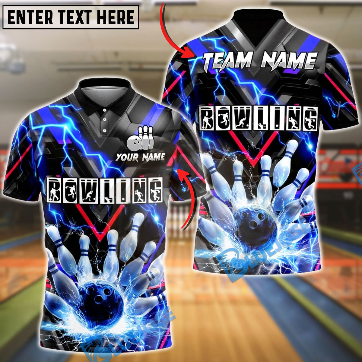BlueJose Bowling &amp; Pins Lightning Strike Electric Energy Graphic Customized Name, Team Name 3D Shirt (4 Colors)