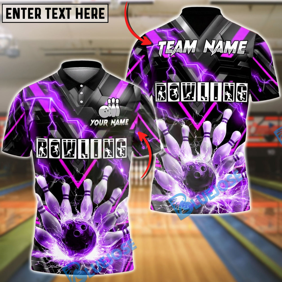 BlueJose Bowling & Pins Lightning Strike Electric Energy Graphic Customized Name, Team Name 3D Shirt (4 Colors)