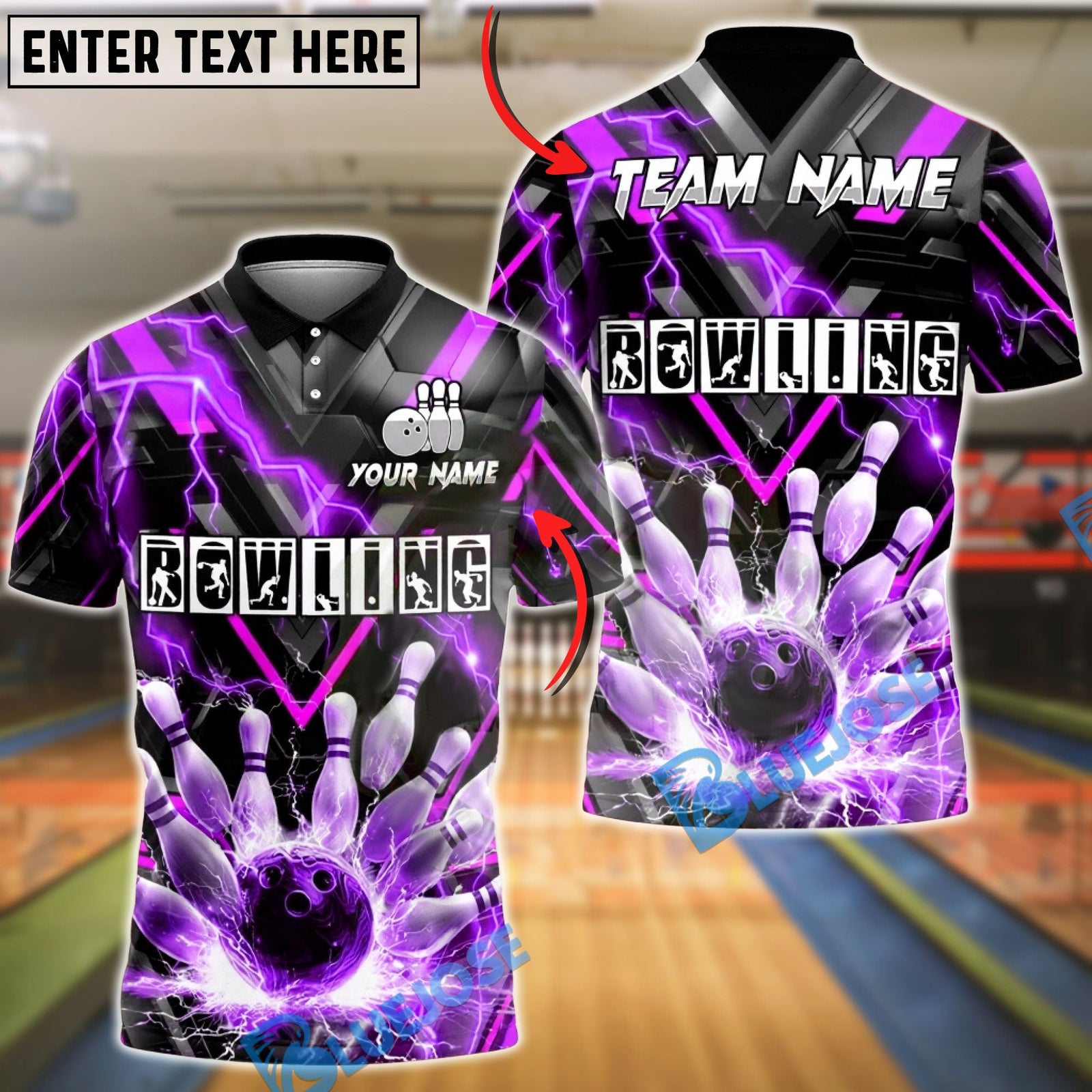 BlueJose Bowling & Pins Lightning Strike Electric Energy Graphic Customized Name, Team Name 3D Shirt (4 Colors)