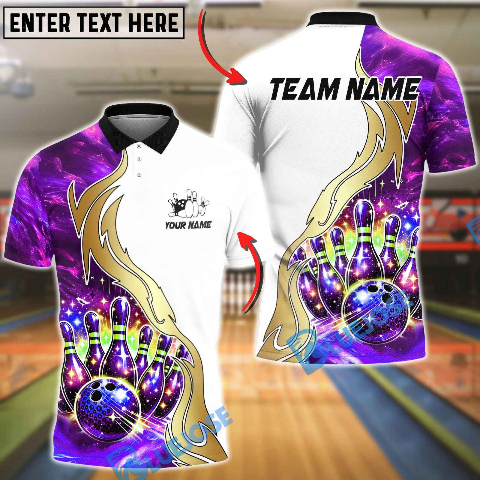 BlueJose Bowling And Pins Galaxy Strike Gold Flame Premium Design Customized Name, Team Name 3D Shirt (4 Colors)