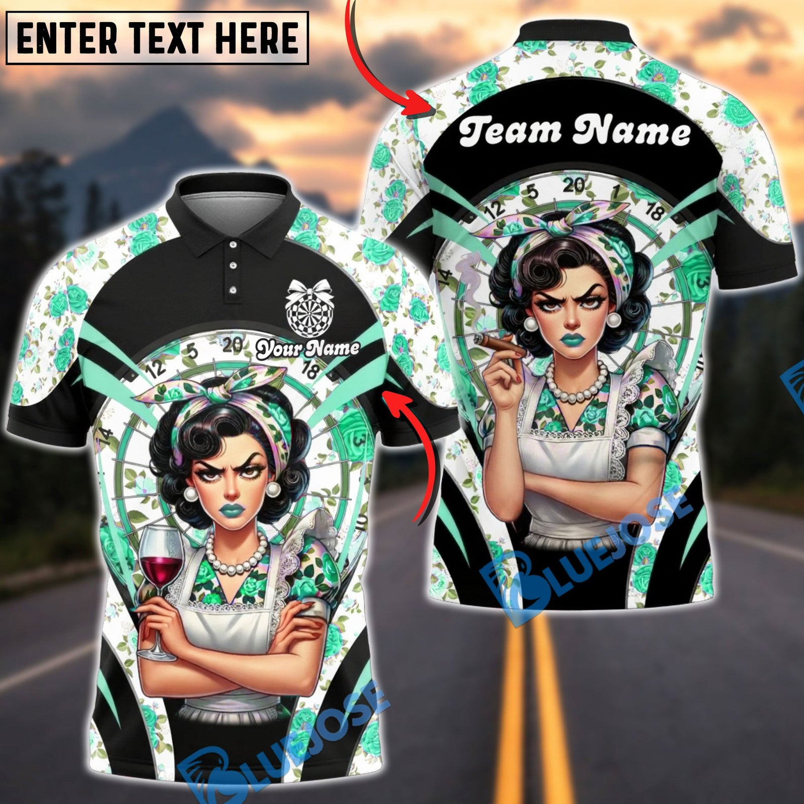 BlueJose Darts Retro Pinup Lady Floral Dartboard Personalized Name, Team Name Unisex Shirt (6 Colors)