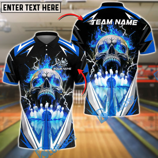 BlueJose Bowling And Pins Flaming Into Skull Strike Customized Name, Team Name 3D Shirt (4 Colors)
