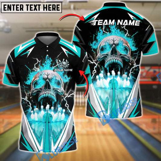 BlueJose Bowling And Pins Flaming Into Skull Strike Customized Name, Team Name 3D Shirt (4 Colors)