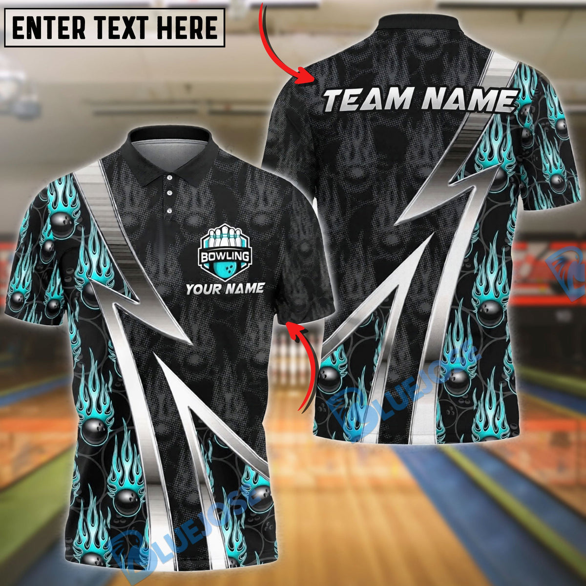 BlueJose Bowling And Pins Fire Ball Pattern Customized Name, Team Name 3D Shirt (4 Colors)