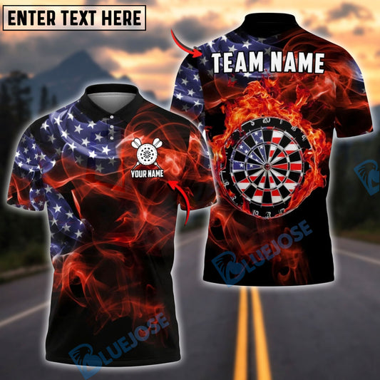 BlueJose Darts American Flag Fire Dartboard Personalized Name Shirt