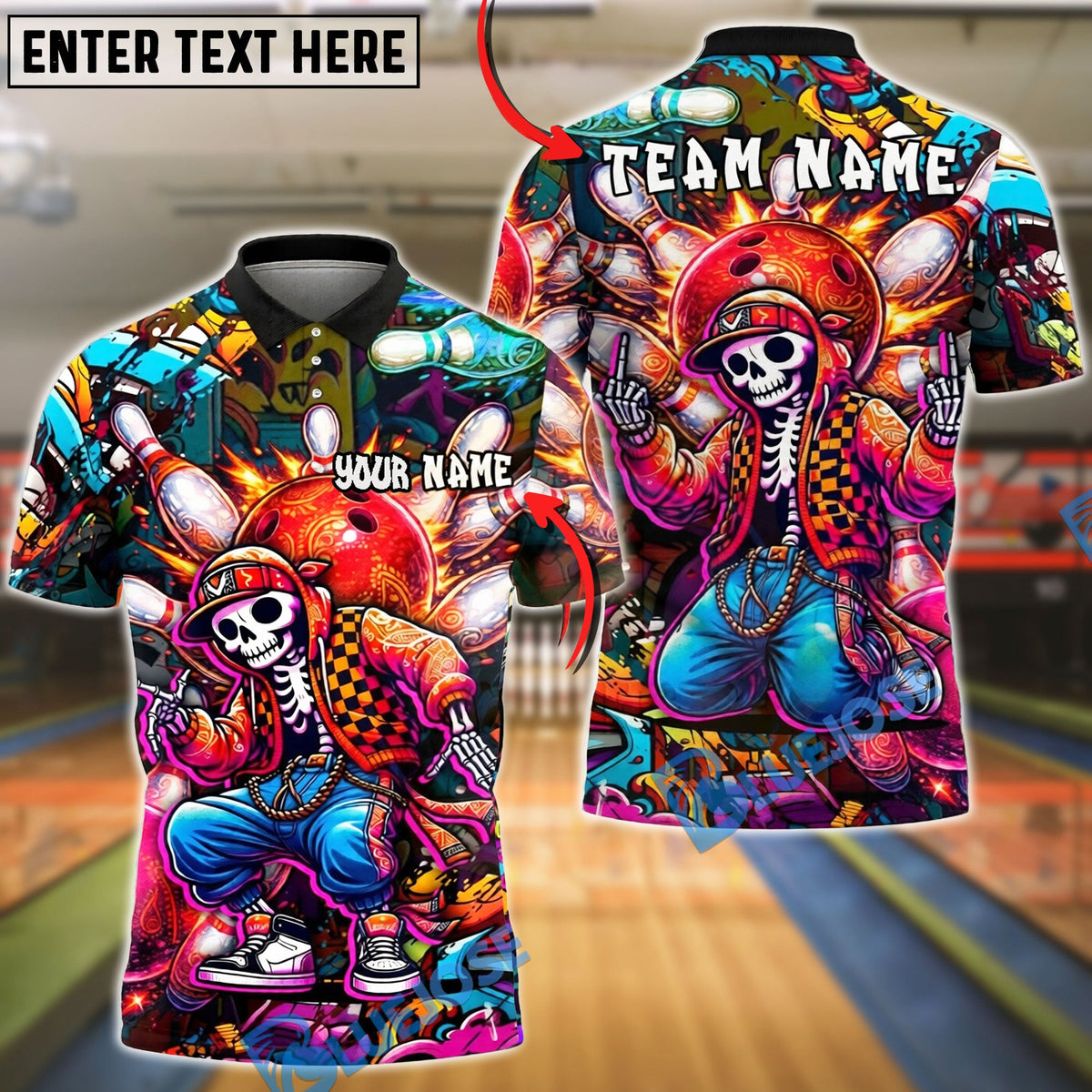 BlueJose Bowling And Pins Street Style Skeleton  Strike Explosion Graffiti Art Customized Name, Team Name 3D Shirt