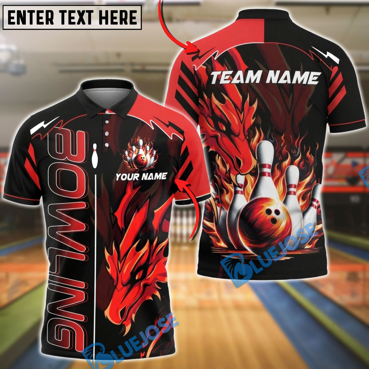 BlueJose Bowling &amp; Pins Fire Dragon Strike Ball Customized Name, Team Name 3D Shirt (4 Colors)