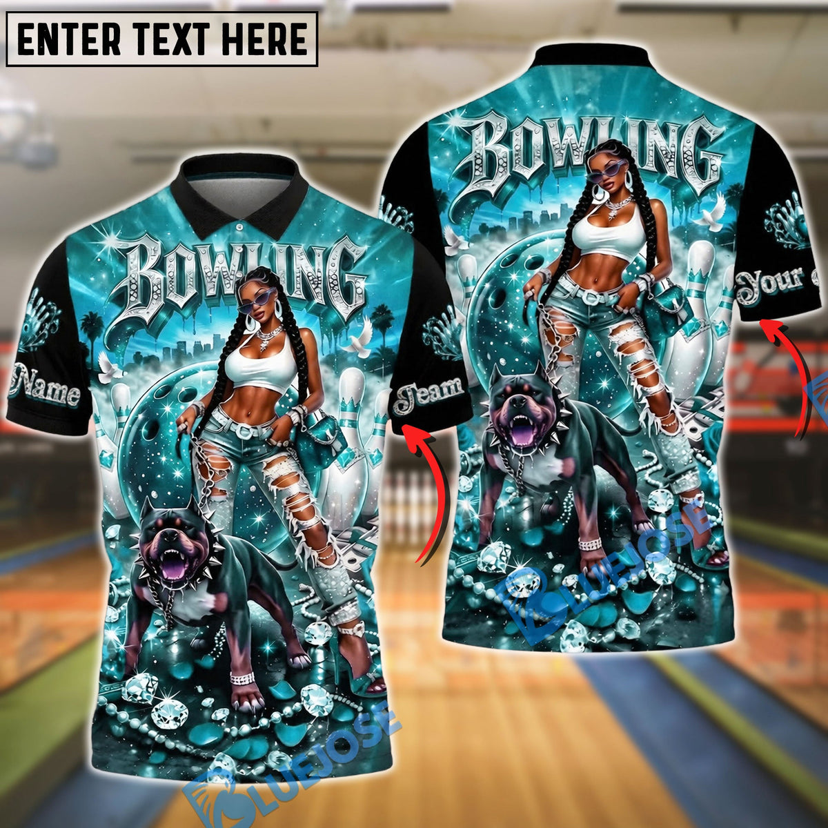 BlueJose Bowling And Pins Diamond Black Girl Pitbull Pink Galaxy Customized Name, Team Name 3D Shirt (6 Colors)