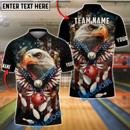 BlueJose Bowling And Pins American Eagle with Retro USA Flag Bowling Ball and Pins Personalized Name, Team Name Shirt