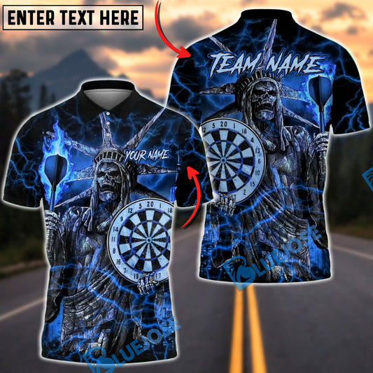 BlueJose Darts Statue of Liberty Skull Flame Multicolor Options Personalized Name Shirt (4 Colors)