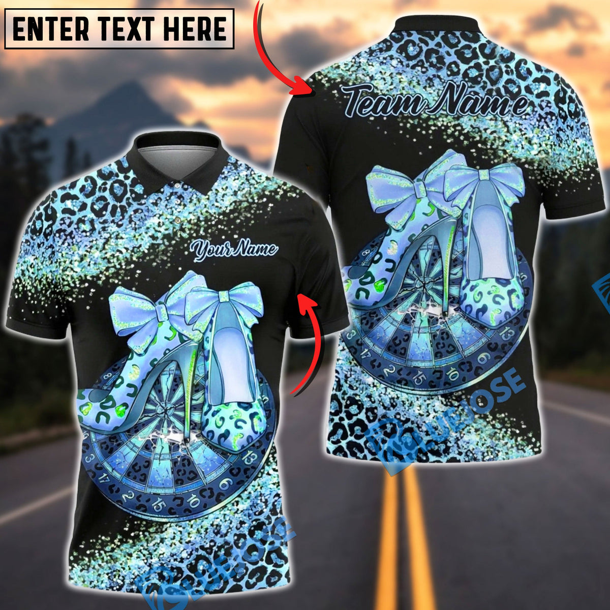 BlueJose Darts Leopard High Heels Glam Design Multicolor Options Personalized Name Shirt (6 Colors)